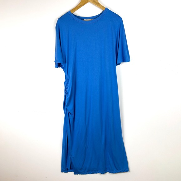 Reiss Blue Side Ruched Midi Dress Short Sleeve Crew Neck Slit Size 12 - Picture 4 of 9